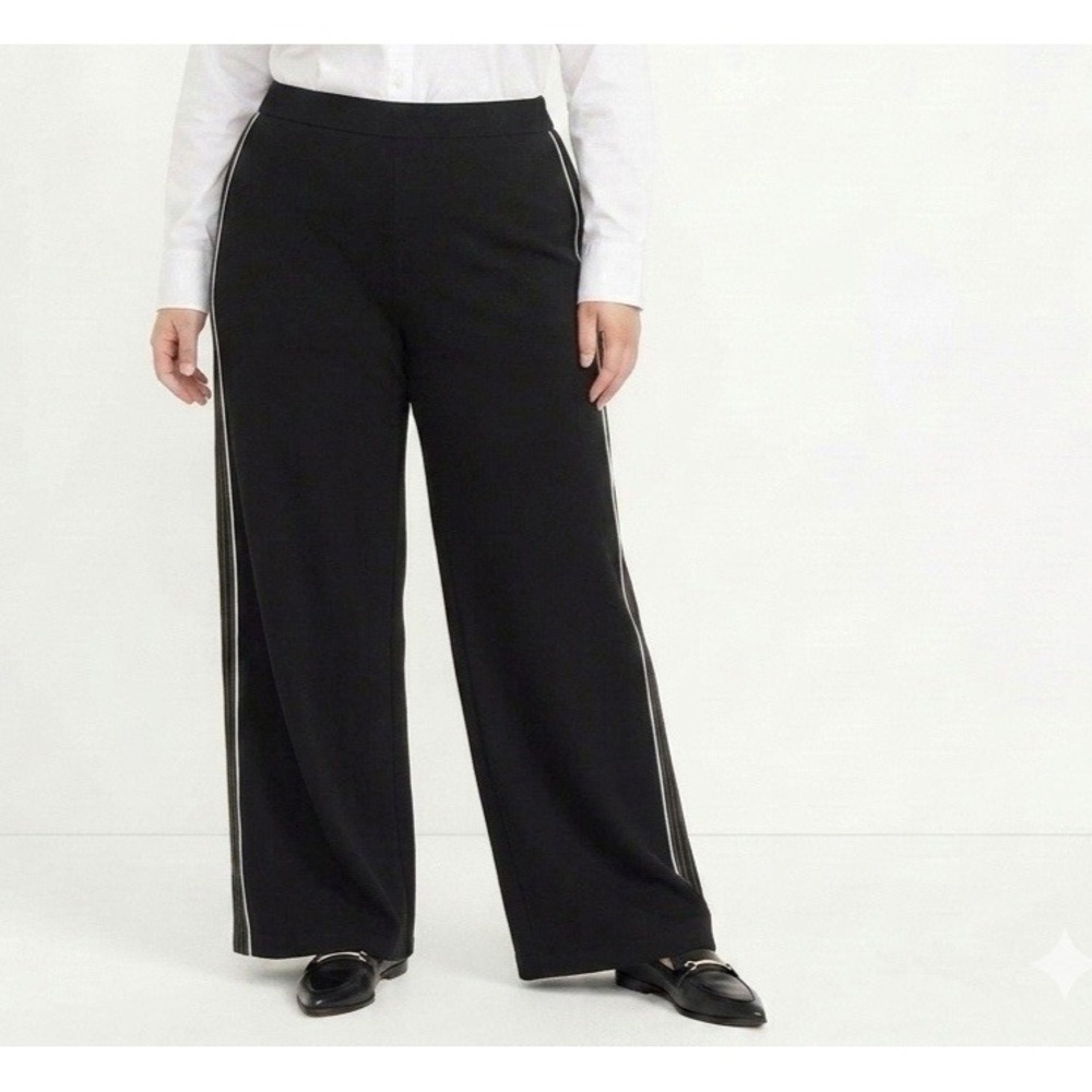 St. John Trousers Pants Size 16 Black w/ White Stripe 100% Silk Lined Wide Leg